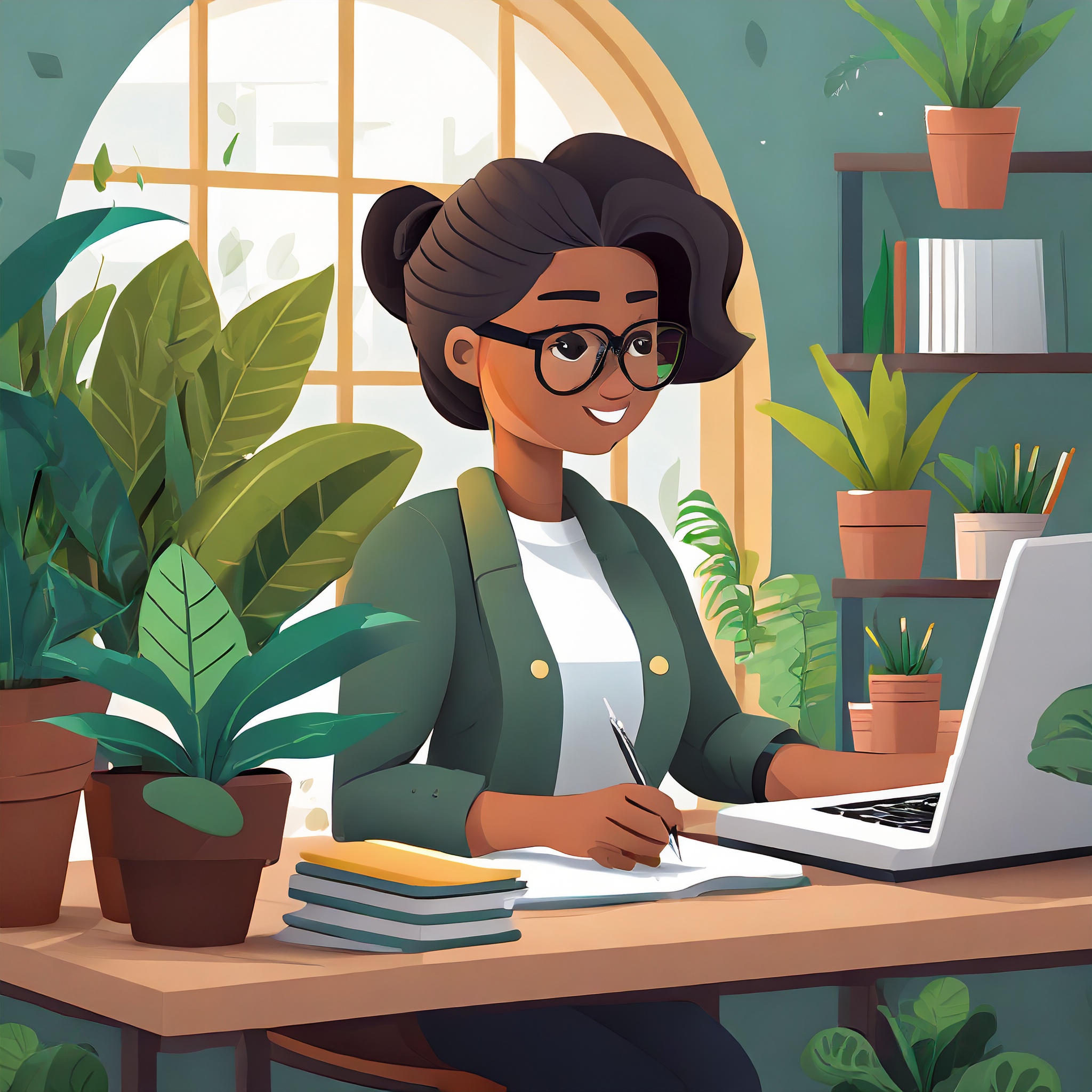 Firefly woman working a desk with plants on it, 3d pixar cartoon style ...